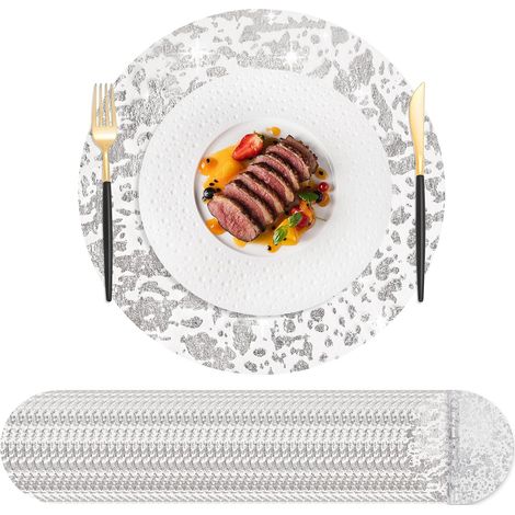 Lot de 50 napperons jetables argentés Ultra-Fin de 33 cm Ronds en Maille pressée pour décoration de la Maison, Table à Manger, Mariage, fête d'anniversaire (1/5)