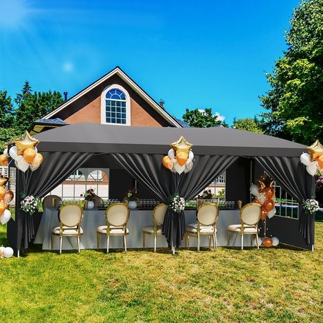 Tonnelle de Jardin 3 x 6 m avec Toit Plat, Toile Oxford 210D Imperméable Anti-UV, 6 Parois Amovibles, Structure Métal Réglable, Gris Foncé (1/5)