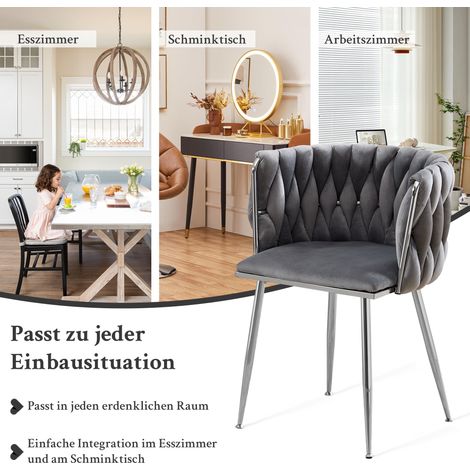 Lot de 2 chaises en velours, chaises de salle à manger tissées, fauteuils modernes avec pieds argentés, gris, assise confortable, pour salon, cuisine, chambre ou coiffeuse (1/5)