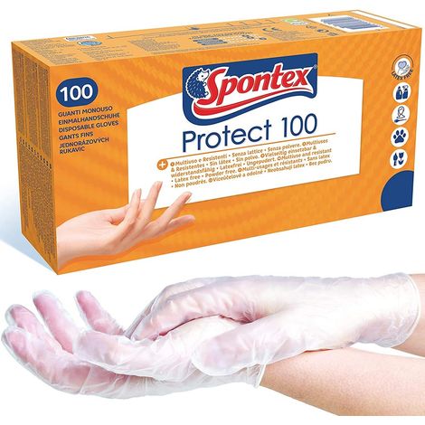 Spontex Guanti Monouso Protect 100, Guanti in Vinile, Ipoallergenici, Senza Polvere e Senza Lattice, Confezione da 100 Pezzi, Taglia M (1/5)
