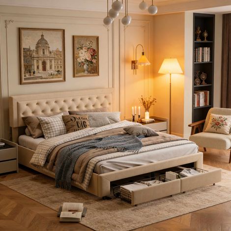 Cama con almacenamiento de 160x200 cm – Sistema hidráulico – Cajones – Cabecero tapizado – Estructura de madera y metal – Somier de láminas
