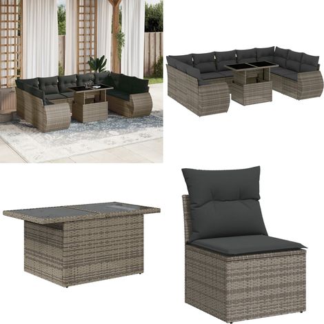 10-tlg. Garten-Sofagarnitur mit Kissen Grau Poly Rattan - Gartenmöbel Set - PE-Rattan Möbel - Outdoor Lounge - Gartenlounge - Terrassenmöbel - Home & Living (1/5)