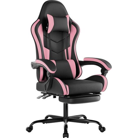 Silla ergonómica giratoria para juegos, silla de oficina de cuero sintético con soporte lumbar y reposapiés para juegos, oficina y ocio (Negro y Rosa) (1/5)