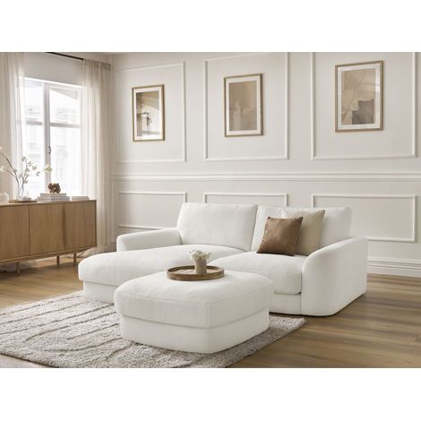 BOBOCHIC - Canapé d'angle fixe LEONORE tissu bouclette avec pouf Angle gauche  Blanc