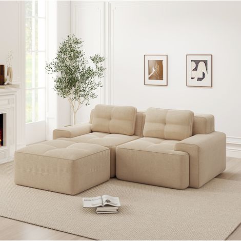 Canapé modulaire en velours côtelé beige, assise profonde 74 cm, sans montage (1/5)