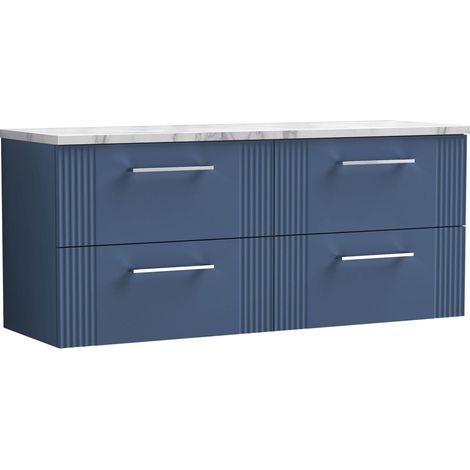 Nuie Deco Wall Hung 4-Drawer Vanity Unit with Carrera Marble Worktop 1200mm Wide - Satin Blue (1/4)