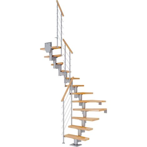 Dolle Mittelholmtreppe Dublin 1/2 gewendelt aus Buche lackiert 61 cm breit für GH 222–270 cm UK Metall Perlgrau mitlaufende Edelstahlstäbe
