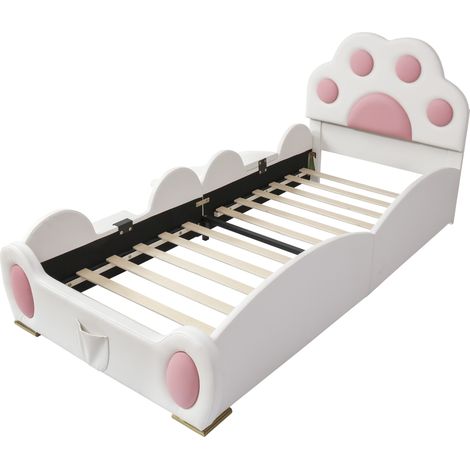 Lit Enfant, Lit Simple avec Toboggan, Échelle 2 Marches et Poche de Rangement, 90×200 cm, sans Matelas (1/5)