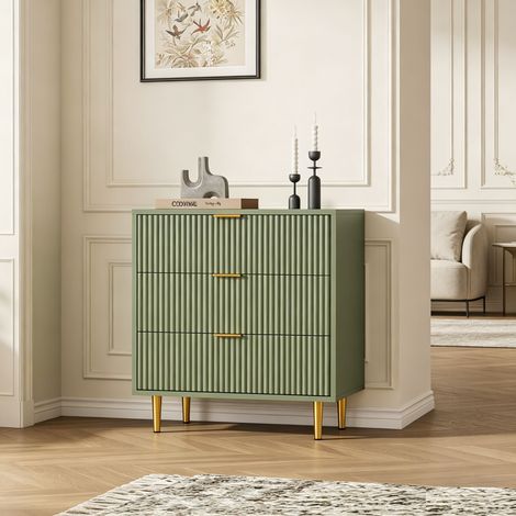Commode 3 tiroirs vert avocat en bois façade cannelée 60P x 39,5l x 74,8H cm, poignées et pieds métal chambre salon (1/3)