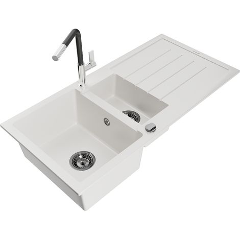 Mexen Andres lavello in granito 1,5 vasche con scolapiatti e miscelatore cucina Flora, bianco - 6515-20-670401-07-B (1/5)