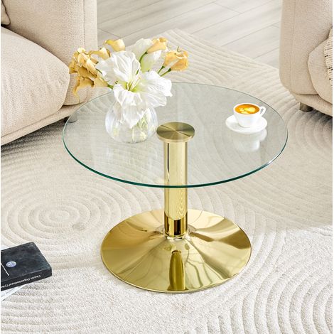 Table basse ronde 70 cm pour salon avec plateau en verre trempé et structure en métal, finition moderne, usage quotidien - dorée (1/5)