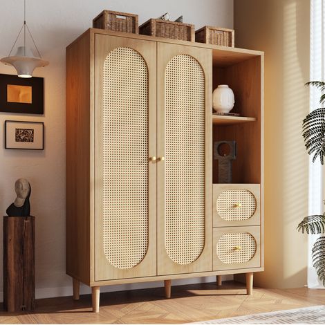 Armario 120x44x161 cm roble en madera con 2 puertas, 2 cajones, estantes abiertos y barra para colgar (1/5)