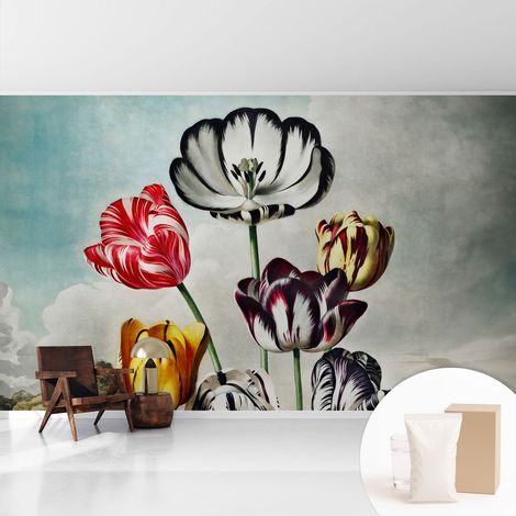 Fototapete Tapete Vliestapete mit Kleber Büro Wandgestaltung - Wanddekoration Wohnzimmer Bunte Tulpen 416x254 cm (1/5)
