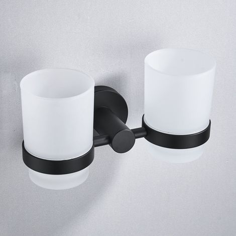 Double portebrosse à dents mural noir Portegobelet double en laiton avec 2 gobelets en verre Accessoire de salle de bain Finition noire mate (1/5)