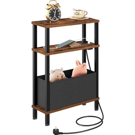 Table d’Appoint étroit à 3 Niveaux, Bout de Canapé avec Station de Charge, Table de Chevet avec tiroir Non-tissé Amovible, pour Chambre, Salon, Bureau, Marron Rustique et Noir (1/5)