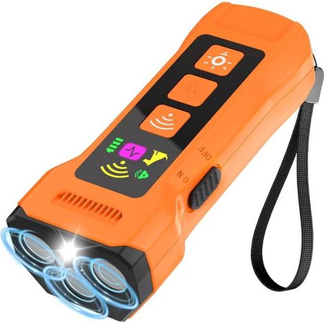 Addestratore per cani a ultrasuoni, addestratore per animali domestici a ultrasuoni 6 in 1 con torcia, potenza ultrasonica 3 volte superiore/portata di 15 metri per tutti i cani (arancione) (1/5)