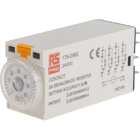 Relais temporisé RS PRO, 24V c.c., Enfichable, 4 contacts ( Prix pour 1 ) (1/3)