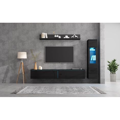 Set de meubles de salon en verre trempé, composé de 3 pièces. Lumière LED. Couleur noire. Meuble de salon en verre noir. 1 armoire pour le téléviseur, 1 vitrine pour le salon (1/5)