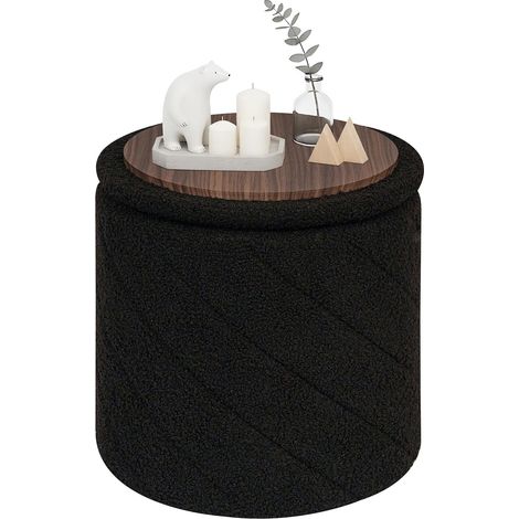 Pouf de Rangement Pliable Rond, Tabouret, Amovible Couvercle, Table Basse et Repose-Pieds pour Salon, Chambre, Ø 33 x 35 cm, Noir (1/5)