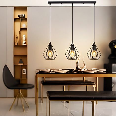 Suspension Linéaire Triple Géométrique Fer Noir - Douille E27 - Sans Ampoule - Table à Manger (1/3)