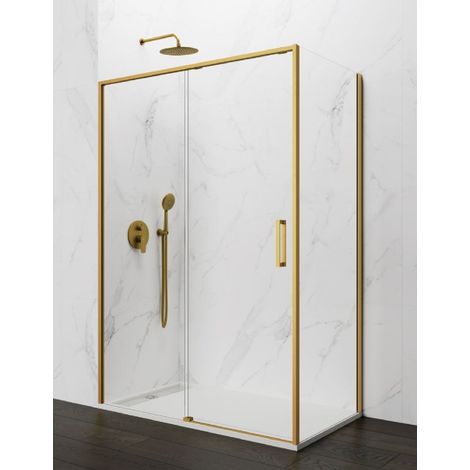 TWENTY corner shower enclosure with sliding door, fixed front panel and fixed side panel, 125x70 cm, clear glass, gold finish (1/5)