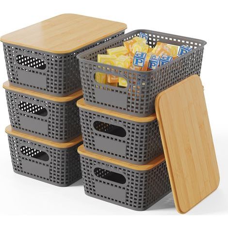 6er-Set Aufbewahrungsboxen, Bambusdeckel, PP-Kunststoff, stapelbar, belüftet, Badezimmer, Küche (1/5)