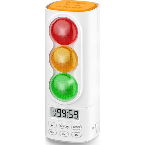 Minuteur Feu Tricolore Digital LCD, Son Réglable pour Enfants École Maison Cuisine, Compte à Rebours Pause Mémoire, Câble USB-C Inclus (Blanc) (1/5)