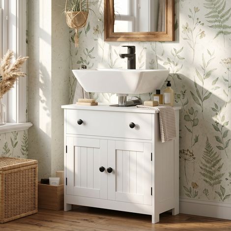 Meuble vasque salle de bain moderne, sur pied, avec charnières amorties, tiroir et 2 battants, finition blanc, rangement élégant pour WC. (1/5)