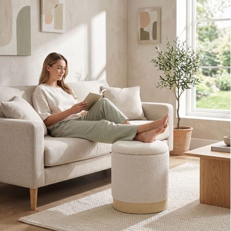 Puf con almacenamiento, redondo 38 cm, tapizado Sherpa, asiento y reposapiés, blanco crema HAVRYA (1/4)