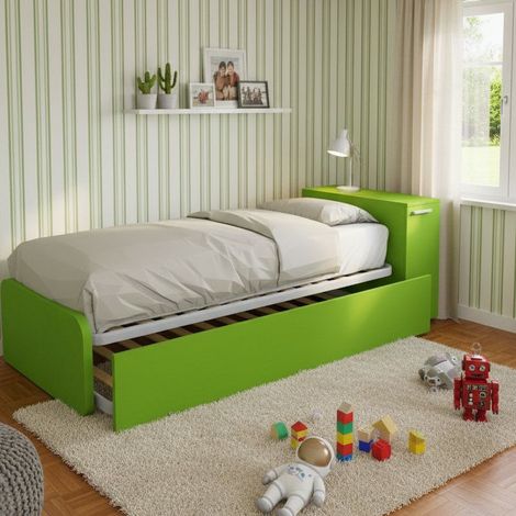 Letto singolo con secondo letto estraibile e testata testiera contenitiva - 80x190 - Verde mela