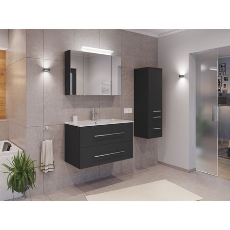 Badmöbel Set Firenze 90 3tlg. Spiegelschrank und Seitenschrank grafit
