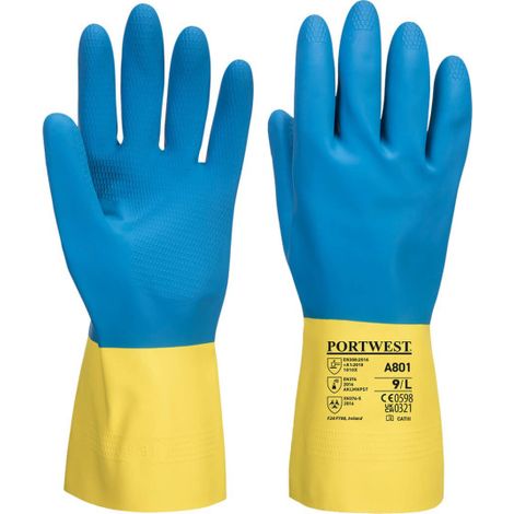 Guante de látex de doble capa relieve anti-resbalón Amarillo/Azul XL