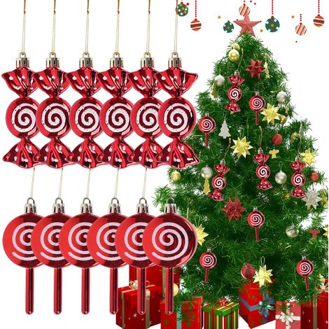 Sollbry Juego de 6 adornos navideños de piruleta con 6 adornos de caramelo para árbol de Navidad, con purpurina roja y blanca, bastón de caramelo para suministros navideños. (1/5)