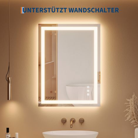 Miroir de salle de bain LED 50x70 cm - Anti-buée, variateur & 3 températures de couleur - Commande tactile, verre de sécurité, sans cadre - Vertical - Couleur: sans bordure avec bande givrée - Taille: (1/5)