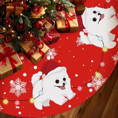Falda roja para árbol de Navidad, estampado Pomerania, tapete para árbol, 120 cm, decoración navideña de invierno para el hogar. (1/5)
