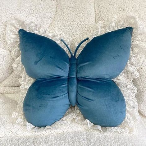 1 Coussin, Forme papillon, Velours, Dentelle, 40x45cm, Bleu, Canapé, Lit, Chaise (1/5)