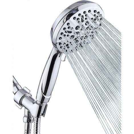 Pommeau de douche à main haute pression pour une couverture complète du corps, effet pluie, avec flexible extra long de 152 cm et support de joint en laiton réglable. (1/5)