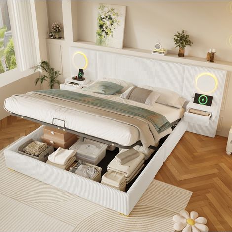 Stauraumbett 180x200 cm aus beigem Samt mit LED-Kopfteil und USB-Anschlüssen HAVRYA (1/5)