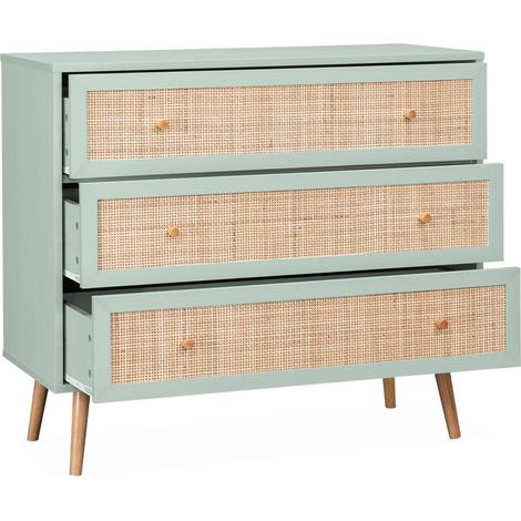 Commode en décor bois vert céladon et cannage 90x39x79cm - Bohème - 3 tiroirs