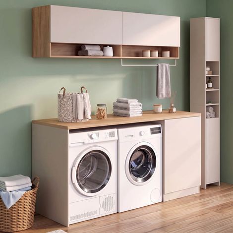 Mueble de lavadero para lavadora y secadora TOMI con encimera de 180 cm de largo y armarios en color beige y madera