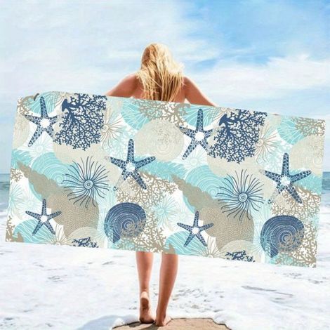 Serviette De Bain - Microfibre - 70 x 140 cm - Motif Étoiles De Mer Et Coquillages - Pour Maison Piscine Plage - 1 Pièce (1/4)