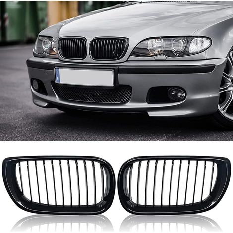 E46 Calandre, Calandre Noire Brillante, Paire de Grille de Radiateur Sport À Double Barre Remplacement pour Série 3 E46 4 Portes 4D 2002-2005 LCI Facelift (Ne Convient Pas Pour 2 Portes) (1/5)