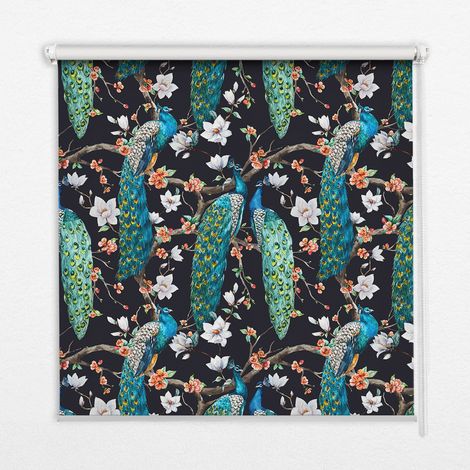 Innenrollo Fensterrollo - Rollo ohne Bohren - Sichtschutzrollo - Lichtdurchlässiges Rollo - Rechteckiges - Rollo - (100 cm x 140 cm) - Pfau bei den Blumen