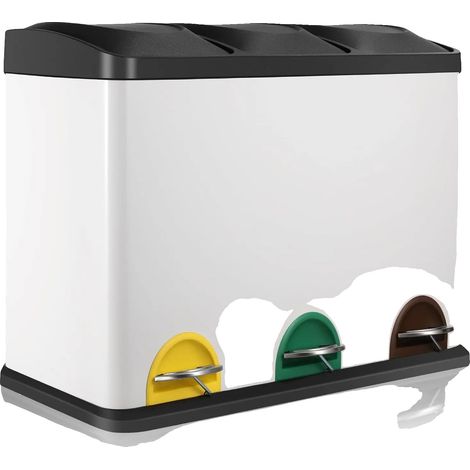 Cubo de basura de cocina, 3 compartimentos, construcción de acero inoxidable, BLANCO, 3 x 15 L (45 L) (1/2)