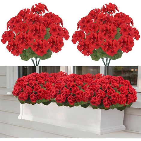 Bouquet de 6 géraniums artificiels Fleurs artificielles Géraniums artificiels pour extérieur Fleurs artificielles rouges résistantes aux UV Décoration pour balcons, pots de fleurs, terrasses et jardin