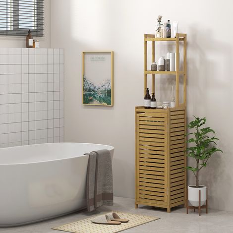 Hoher Badezimmerschrank aus Bambus mit 3 Einlegeböden und 1 Tür, 38,5 x 33 x 170 cm, natur