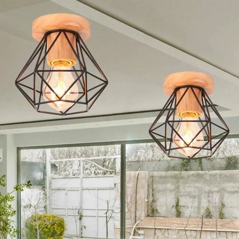 U-Do 2Pcs Plafonnier Créatif Lampe Cage en Fer Bois E27 Lustre de Plafonde Luminaire design Vintage pour Salon Cuisine Bureau (1/4)