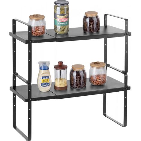 Organisateur d'étagères de cuisine réglable noir, étagère extensible à 2 niveaux pour comptoirs et garde-manger, rangement pratique. (1/5)