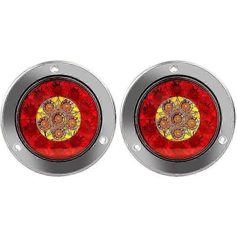 Lot de 2 feux arrière ronds de 10 cm (4 pouces) pour camions et remorques, étanches, à 16 LED rouges/ambre et clignotants (12-2). (1/5)