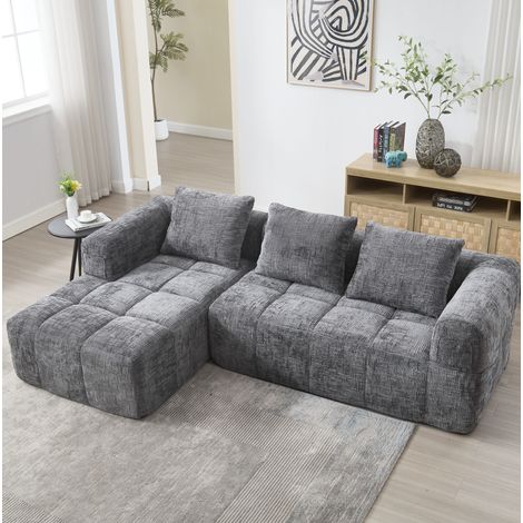 Sofá modular de chenilla gris 250 x 158 cm con chaise longue y bolsillos laterales (1/5)